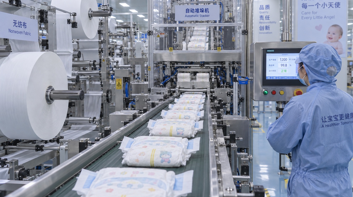 High-speed baby diaper converting and automatic stacking line at LEO Hygiene factory